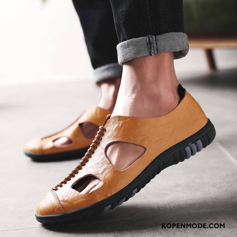 Sandalen Heren Slip On Jeugd Mannen Leer Casual Trend Zandkleur Bruine