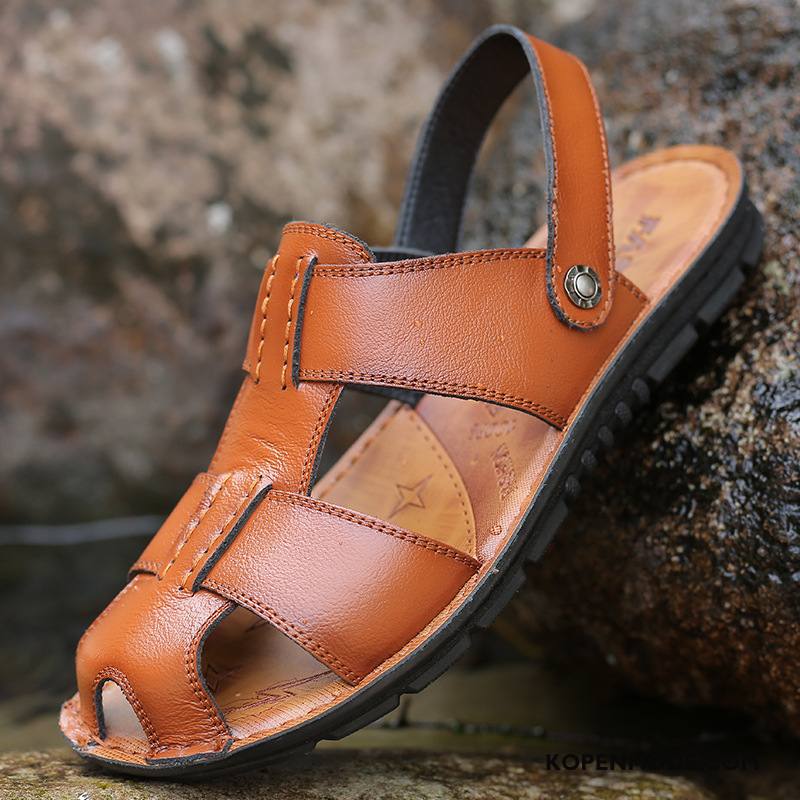 Sandalen Heren Trend Grote Maten Echt Leer Schoenen Casual Scheppend Zandkleur Bruine