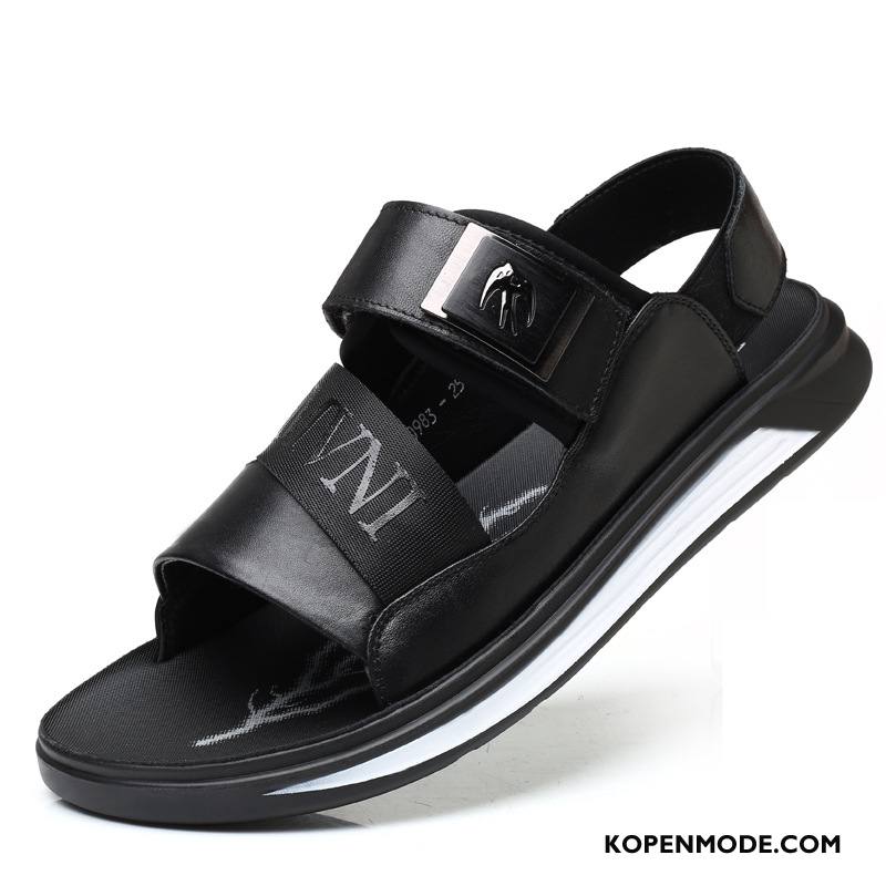 Sandalen Heren Velcro Casual Sandaal Echt Leer Schoenen Trend Effen Kleur Zandkleur Zwart