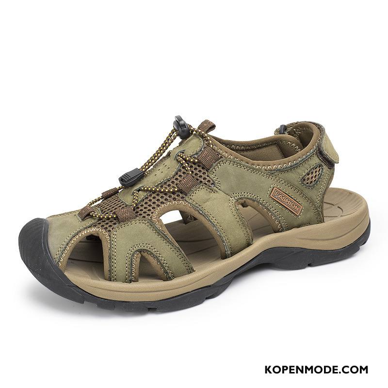 Sandalen Heren Zomer Ademende Echt Leer Outdoor Sandaal Casual Zandkleur Groen