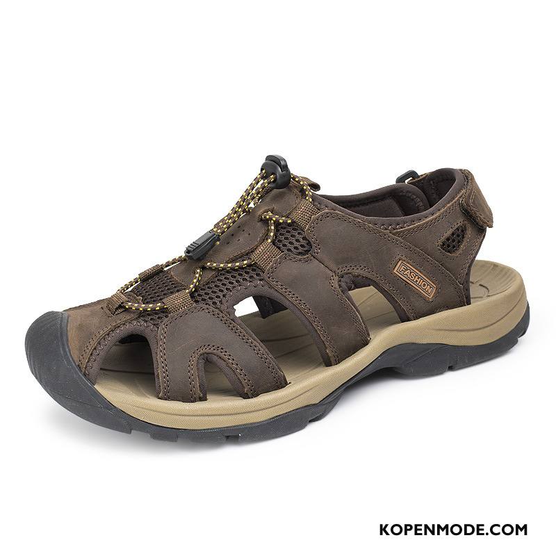 Sandalen Heren Zomer Ademende Echt Leer Outdoor Sandaal Casual Zandkleur Groen