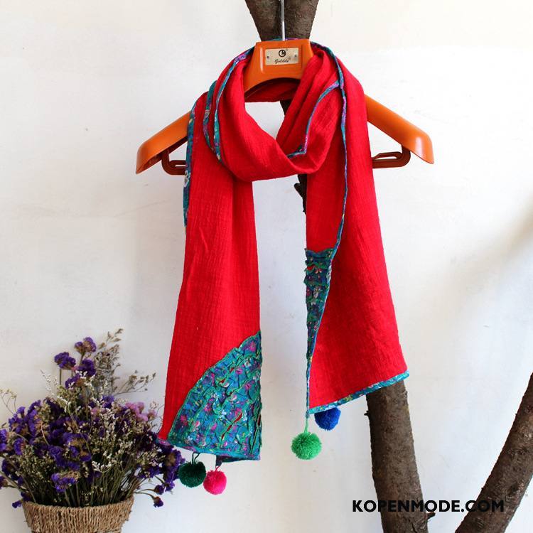 Sjaals Dames Borduurwerk Dual Gebruik Dun Etnische Katoen En Linnen Vintage Rood