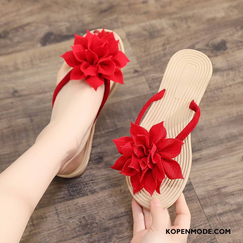 Slippers Dames Bloemen Bovenkleding Vrouwen Schoenen Strand Trend Zandkleur Rood Zwart