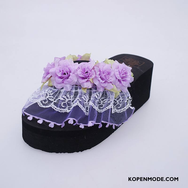 Slippers Dames Hoge Hakken Vrouwen Zoet Kant Bloemen Alle Wedstrijden Paars