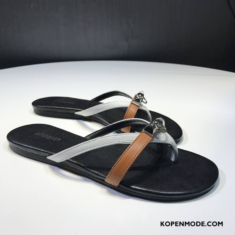 Slippers Dames Reis Echt Leer Pantoffels Vrouwen Zomer Plat Zandkleur Zwart