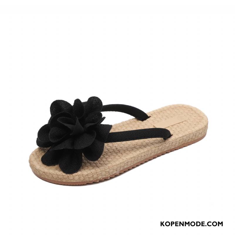 Slippers Dames Trend Schoenen Bloemen Pantoffels Zoet Zomer Zandkleur Zwart