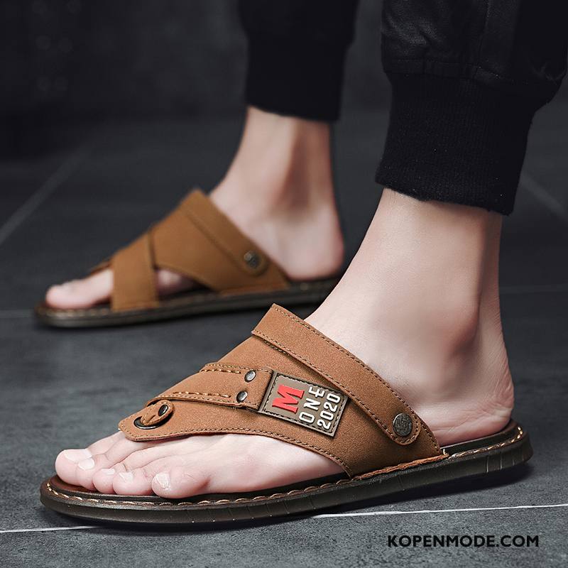 Slippers Heren Leer Mannen Sandaal Bovenkleding Trend Pantoffels Zandkleur Bruine