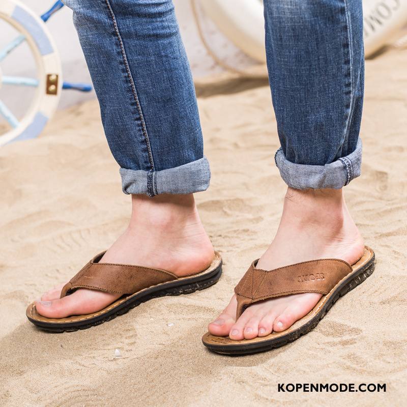 Slippers Heren Mannen Echt Leer Schoenen Zomer Sandaal Pantoffels Zandkleur Bruine