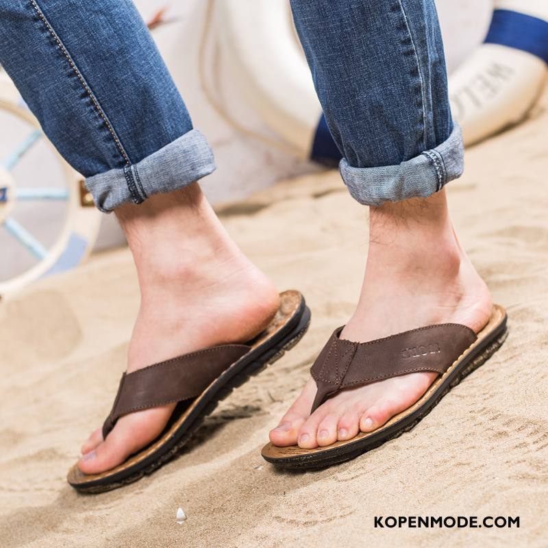 Slippers Heren Mannen Echt Leer Schoenen Zomer Sandaal Pantoffels Zandkleur Bruine