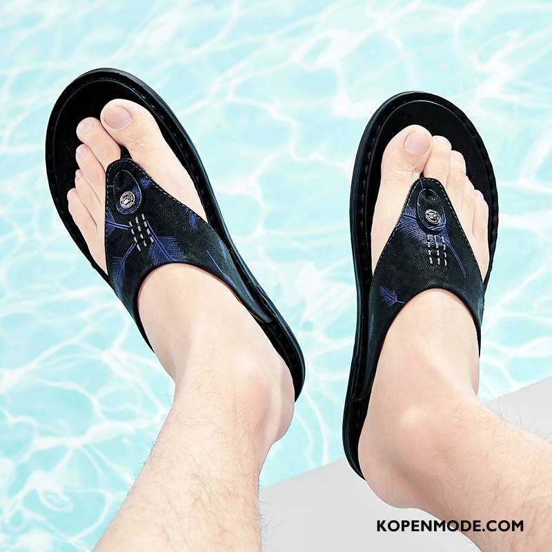 Slippers Heren Zomer Pantoffels Mannen Bovenkleding Trend Echt Leer Zwart