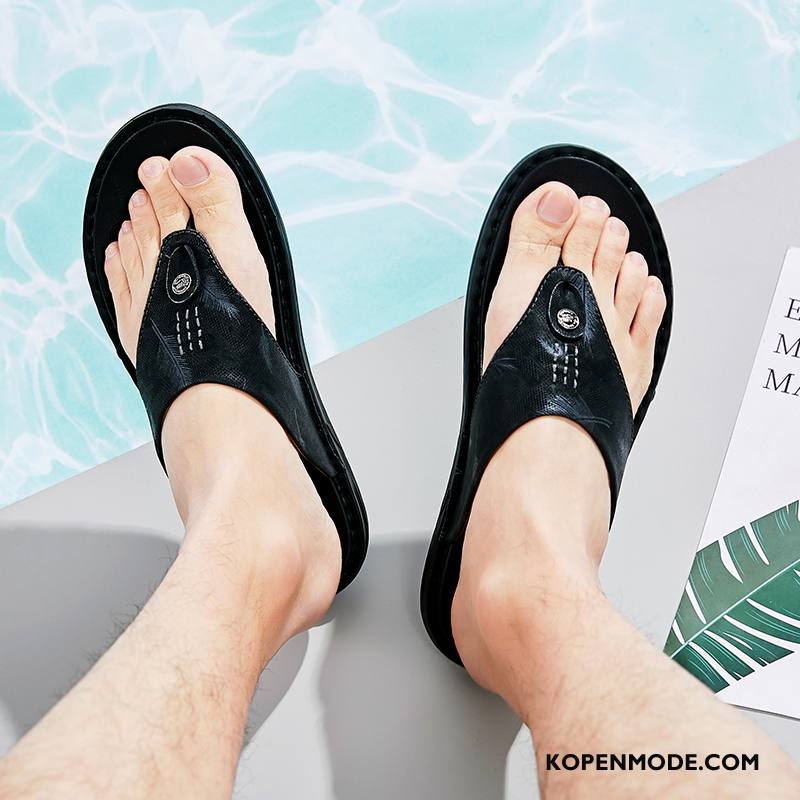 Slippers Heren Zomer Pantoffels Mannen Bovenkleding Trend Echt Leer Zwart