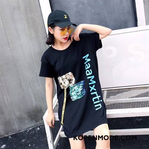 T-shirts Dames Casual 2018 Trend Ronde Hals Elegante Bedrukken Zwart