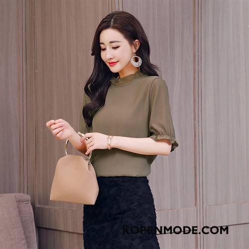 T-shirts Dames Eenvoudige Dunne Slim Fit 2018 Trend Mode Effen Kleur Kaki