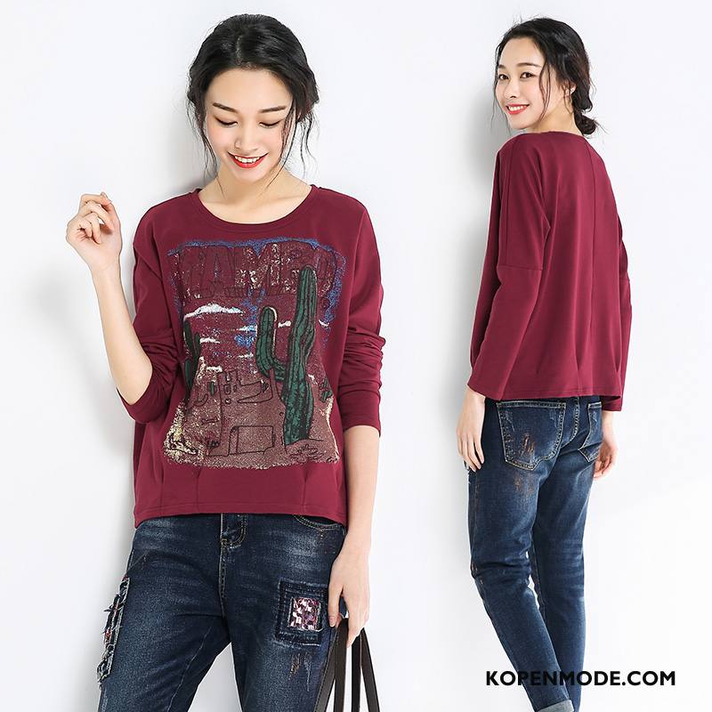 T-shirts Dames Elegante 2018 Herfst Slim Fit Ronde Hals Lange Mouwen Rood