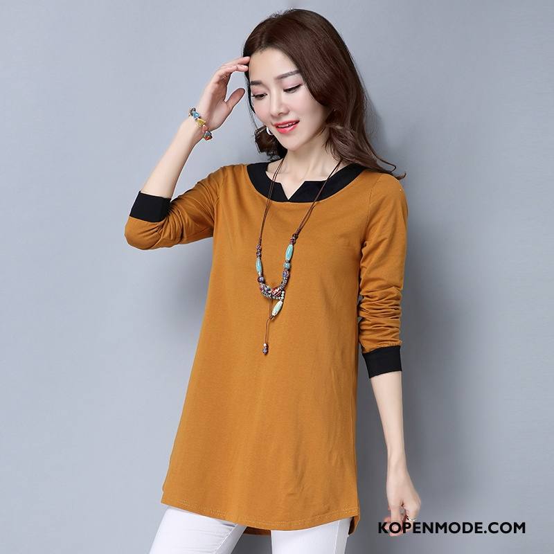 T-shirts Dames Elegante Losse 2018 Lange Mouwen Trend Ronde Hals Oranje