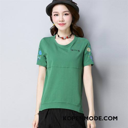 T-shirts Dames Korte Mouw Voorjaar Comfortabele Bedrukken Trend Ronde Hals Effen Kleur Groen