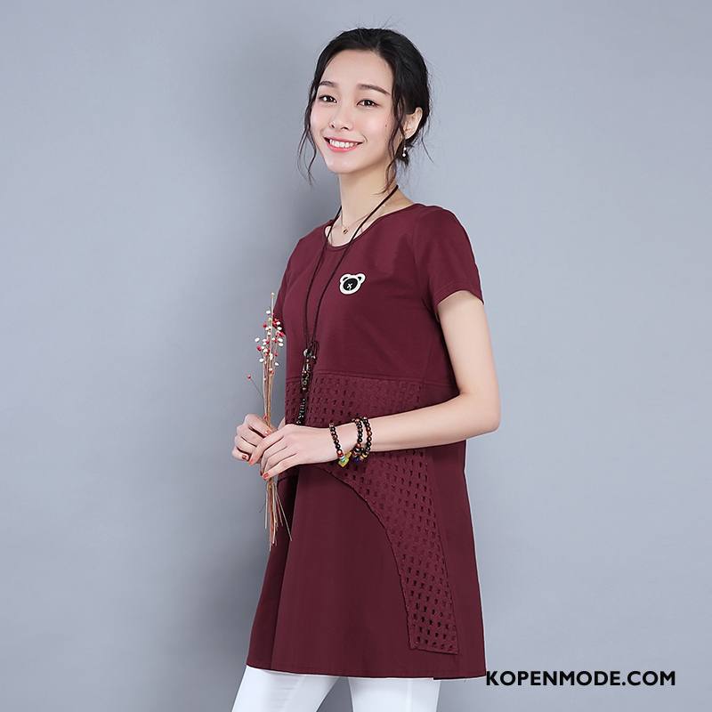 T-shirts Dames Lang 2018 Mode Slim Fit Verbinding Korte Mouw Rood