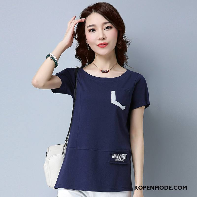 T-shirts Dames Letter Trend 2018 Ronde Hals Mode Slim Fit Donkerblauw Effen Kleur