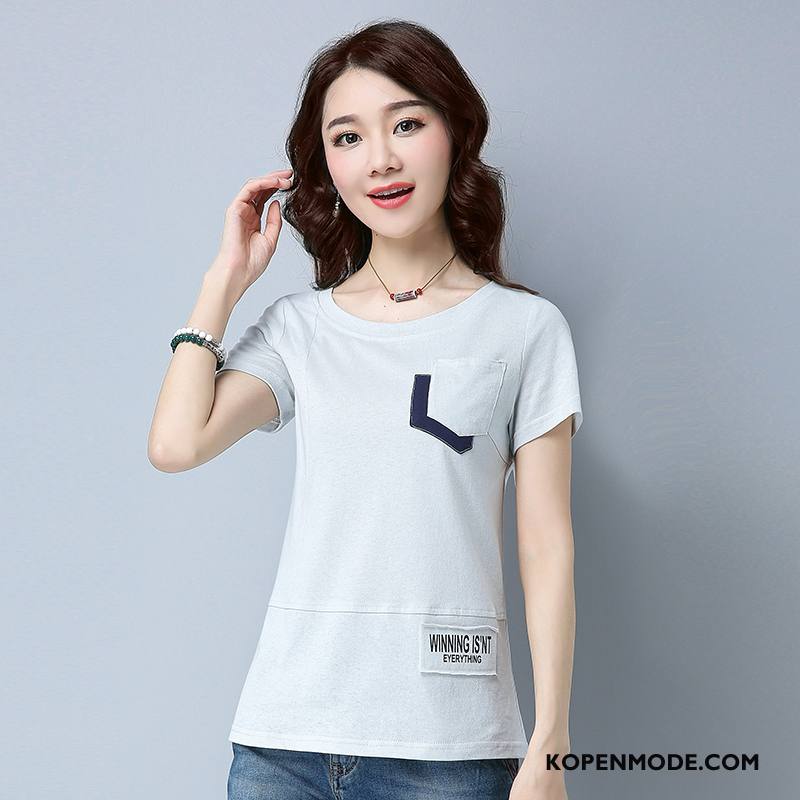 T-shirts Dames Letter Trend 2018 Ronde Hals Mode Slim Fit Donkerblauw Effen Kleur