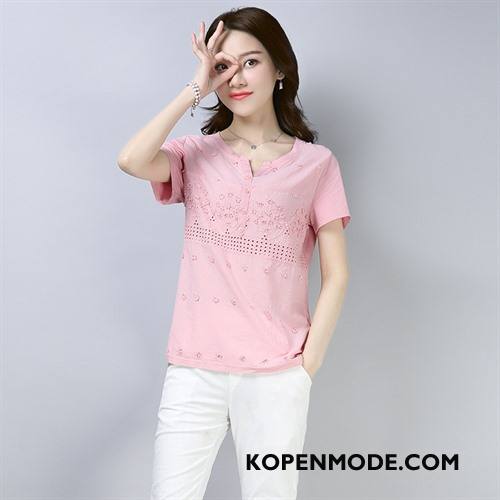 T-shirts Dames Mode Korte Mouw Zomer Kant Losse Riem Roze Rood Effen Kleur