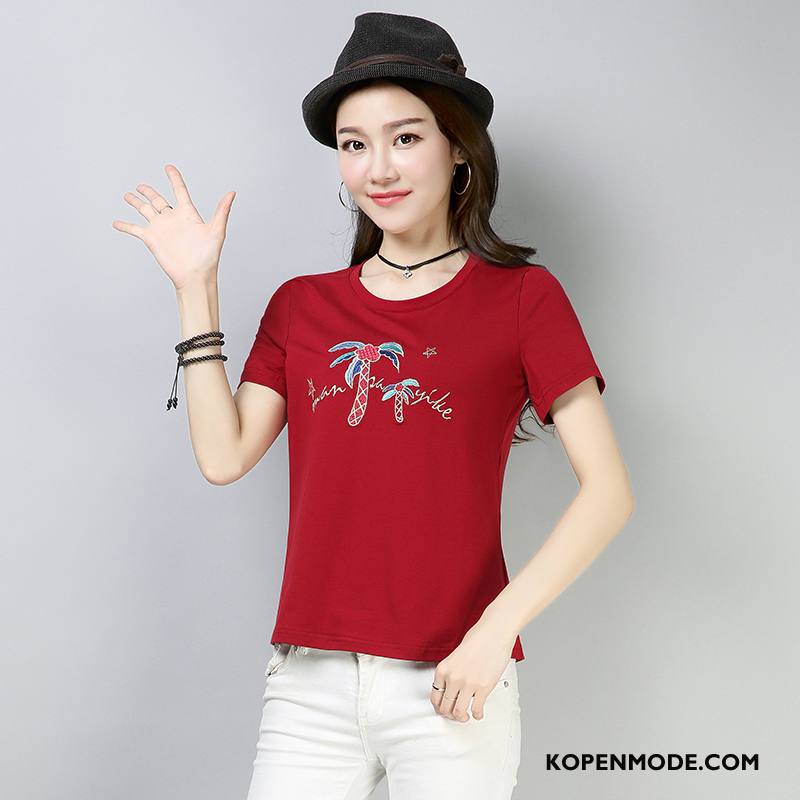 T-shirts Dames Mode Slim Fit Losse Elegante Zomer Trend Effen Kleur Rood