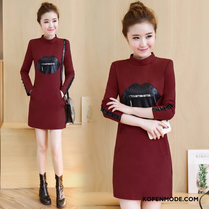 T-shirts Dames Slim Fit Casual Hoge Kraag Winter Trend Mode Rood
