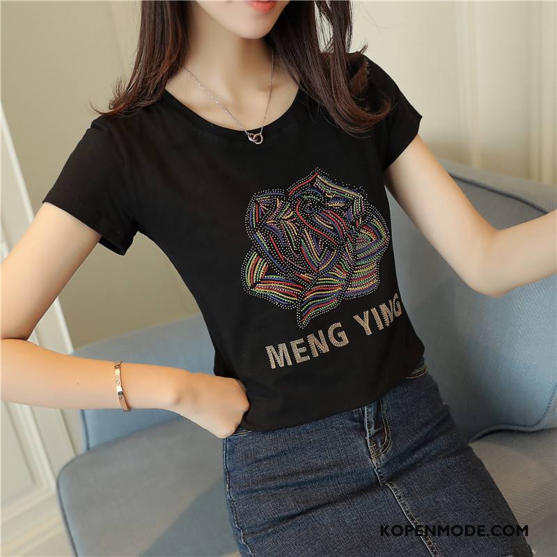 T-shirts Dames Trend Elegante Korte Mouw Ronde Hals Slim Fit Zomer Wit