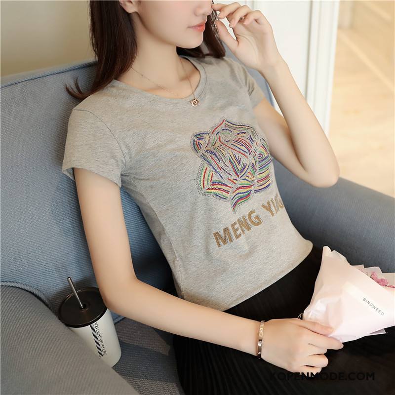 T-shirts Dames Trend Elegante Korte Mouw Ronde Hals Slim Fit Zomer Wit