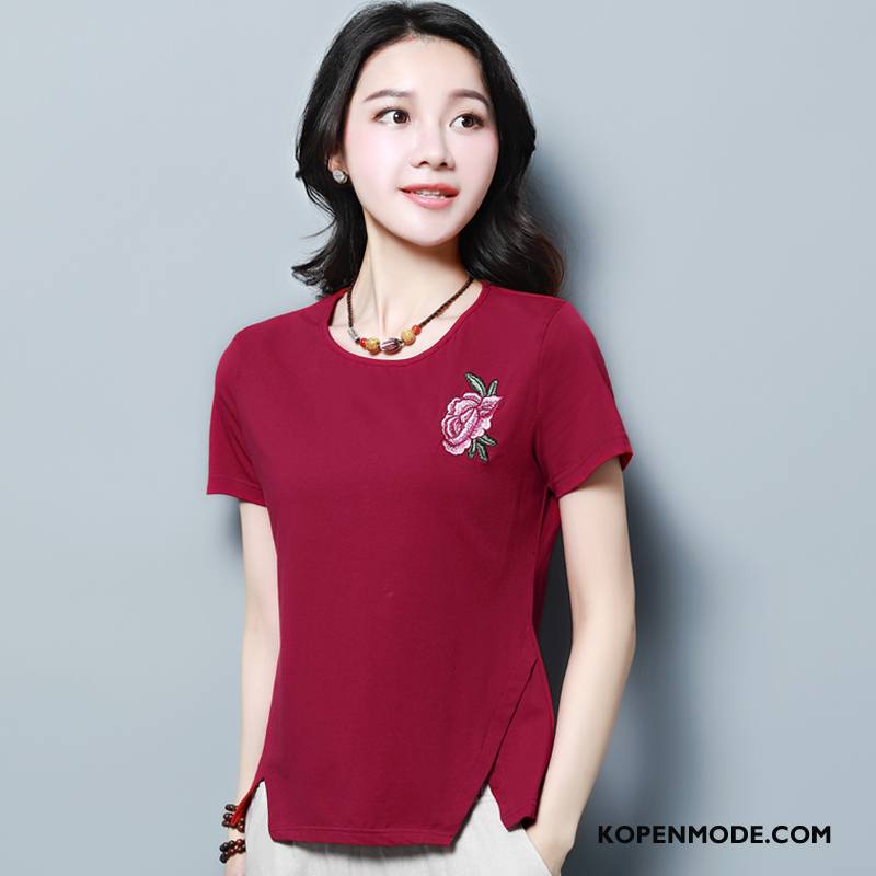 T-shirts Dames Verbinding Slim Fit Ronde Hals Korte Mouw Geborduurde Jeugd Effen Kleur Rood