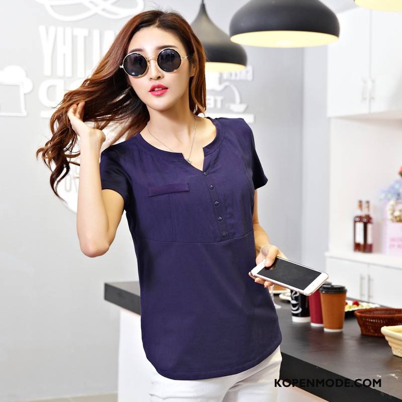 T-shirts Dames Voorjaar Decoratie Zoet Ronde Hals Mode Korte Mouw Blauw Purper