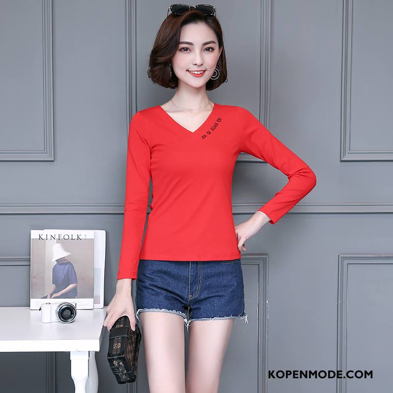 T-shirts Dames Voorjaar Dunne Kort Eenvoudige Trend Lange Mouwen Rood