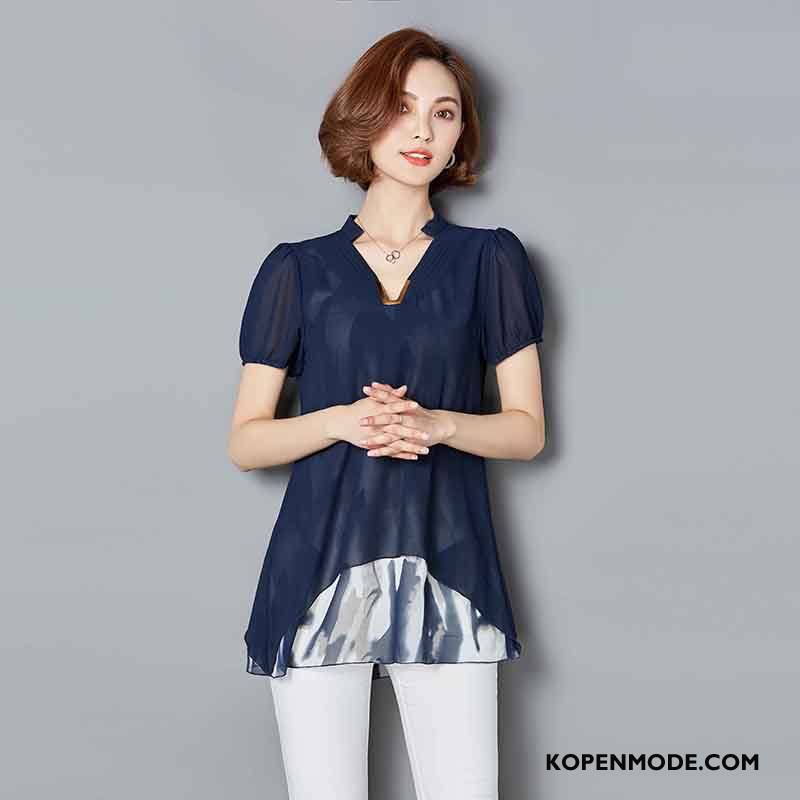 T-shirts Dames Zomer Elegante 2018 Mode Eenvoudige Korte Mouw Effen Kleur Blauw