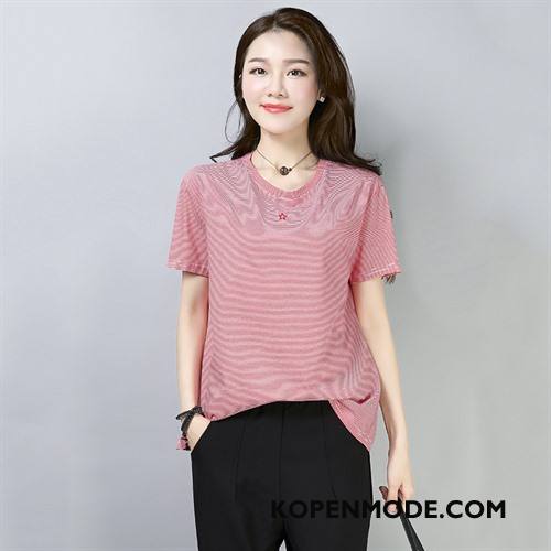 T-shirts Dames Zomer Streep Elegante Ronde Hals Comfortabele Populair Rood Wit