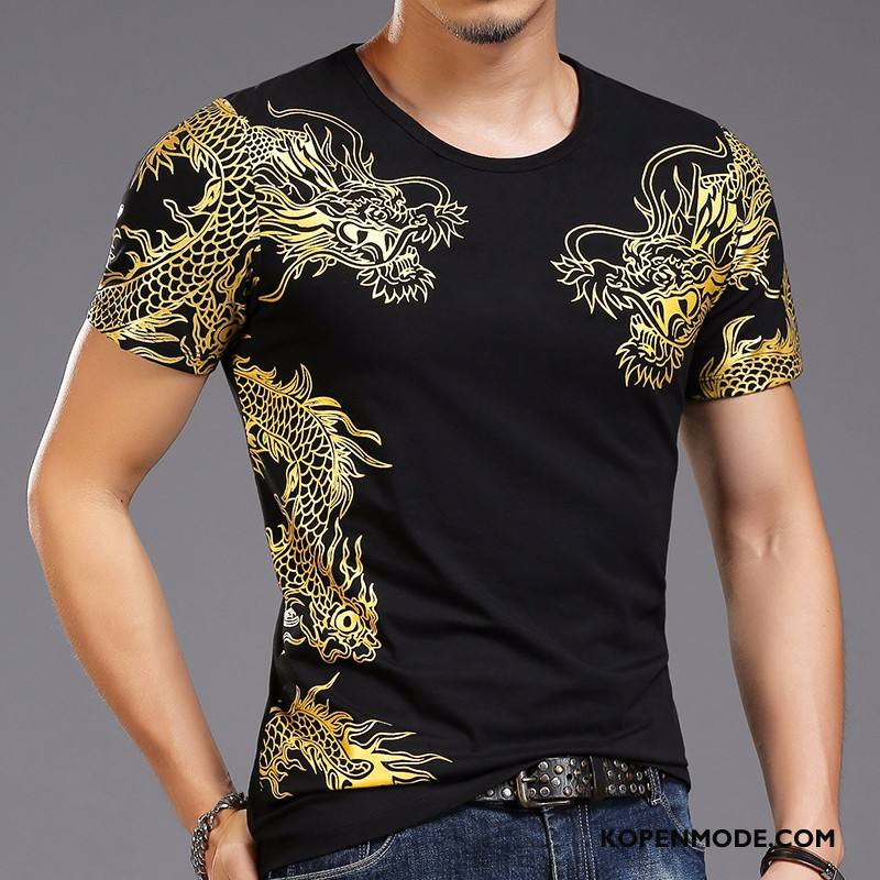 T-shirts Heren Bedrukken Trend Mannen Halve Mouw Ronde Hals Slim Fit Zwart