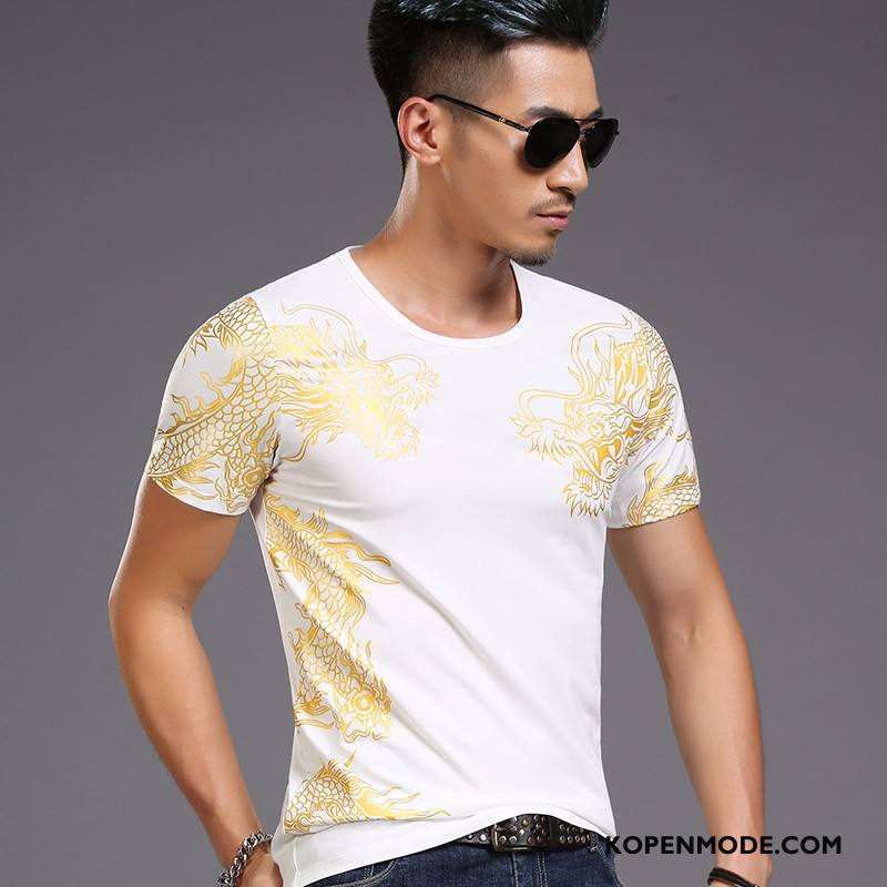 T-shirts Heren Bedrukken Trend Mannen Halve Mouw Ronde Hals Slim Fit Zwart