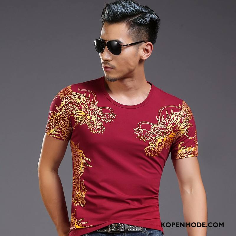 T-shirts Heren Bedrukken Trend Mannen Halve Mouw Ronde Hals Slim Fit Zwart