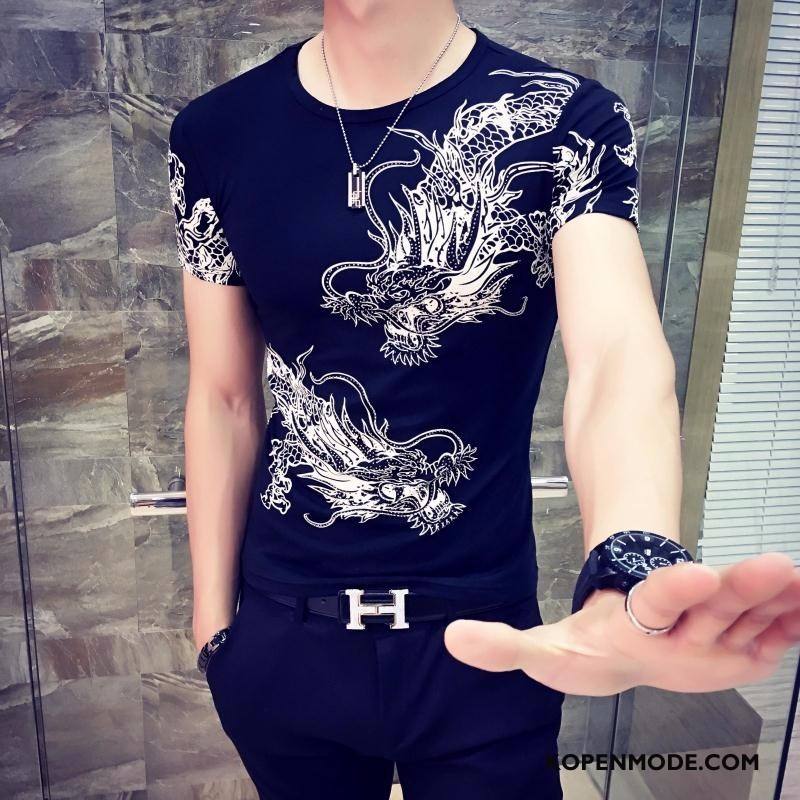 T-shirts Heren Korte Mouw Trend Dragon Patroon Mannen Zwart