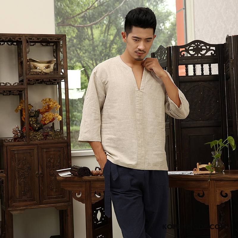 T-shirts Heren Mannen Mouw Korte Mouw Vintage Chinese Stijl Jasje Wit