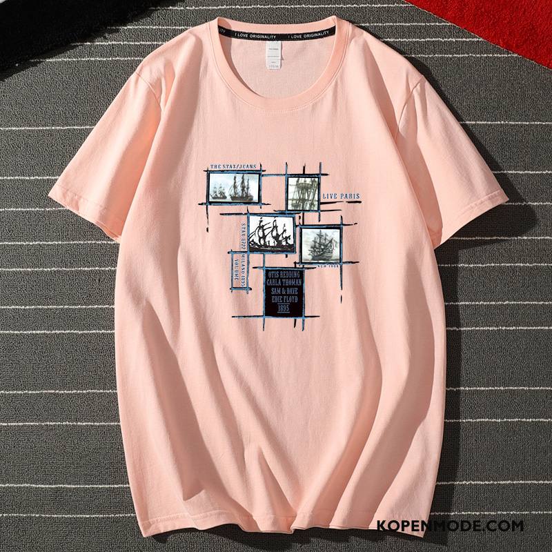 T-shirts Heren Mannen Trend Halve Mouw Zomer Losse Trendy Merk Roze Wit