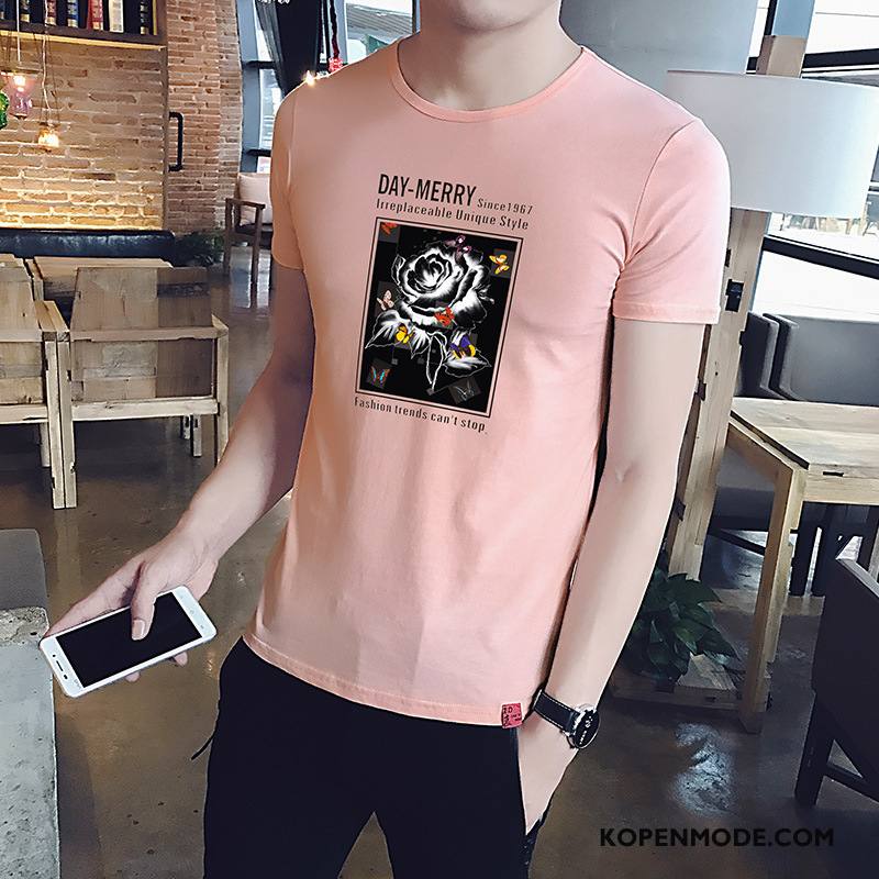 T-shirts Heren Ronde Hals Nieuw Slim Fit Korte Mouw Roze