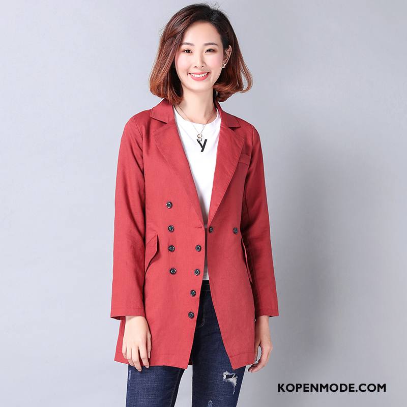 Trenchcoat Dames Dubbele Knop Elegante Lange Mouwen Rechtdoor Pak Katoen En Linnen Rood