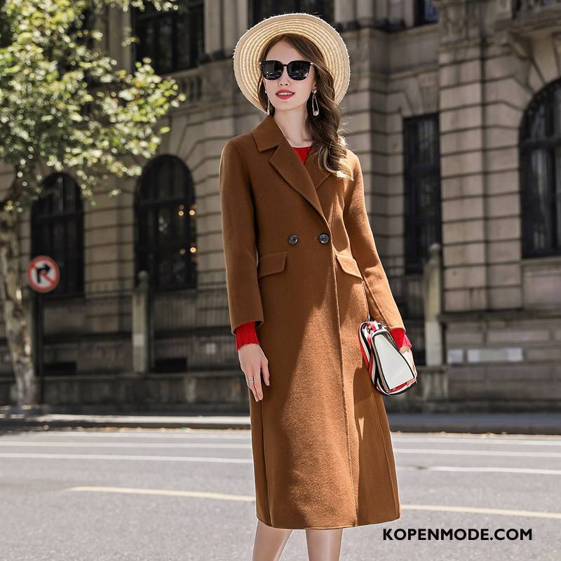 Trenchcoat Dames Eenvoudige Straat Herfst Lange Mouwen Elegante Wol Licht Licht Bruin