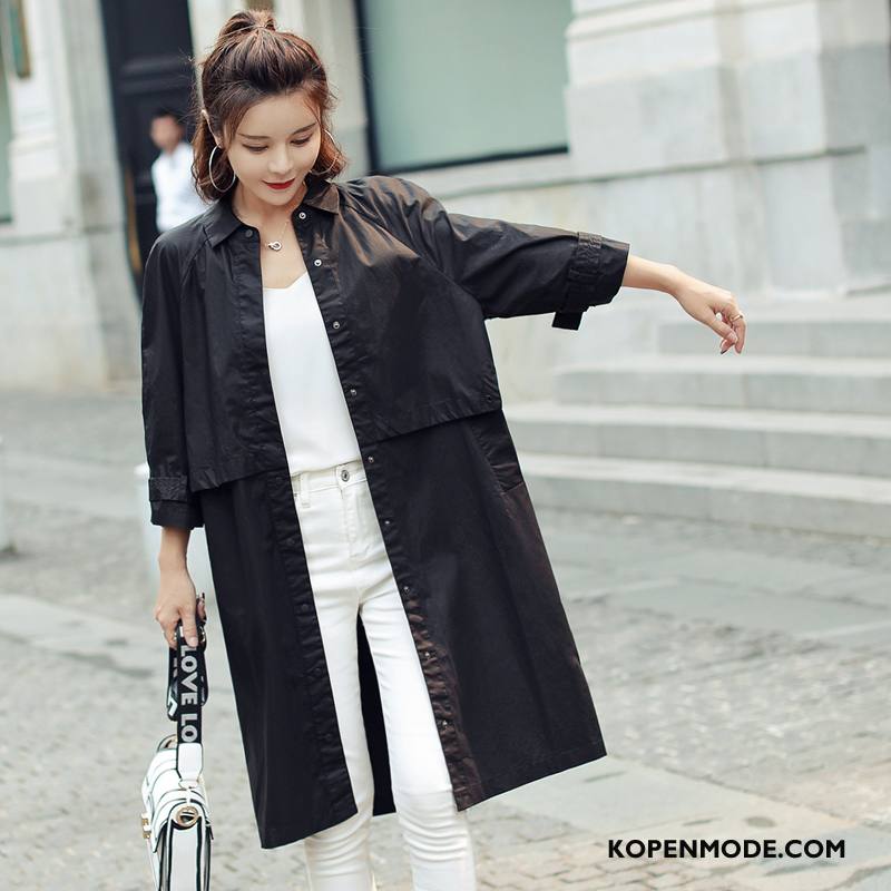 Trenchcoat Dames Elegante Lang 2018 Lange Mouwen Slim Fit Voorjaar Effen Kleur Zwart