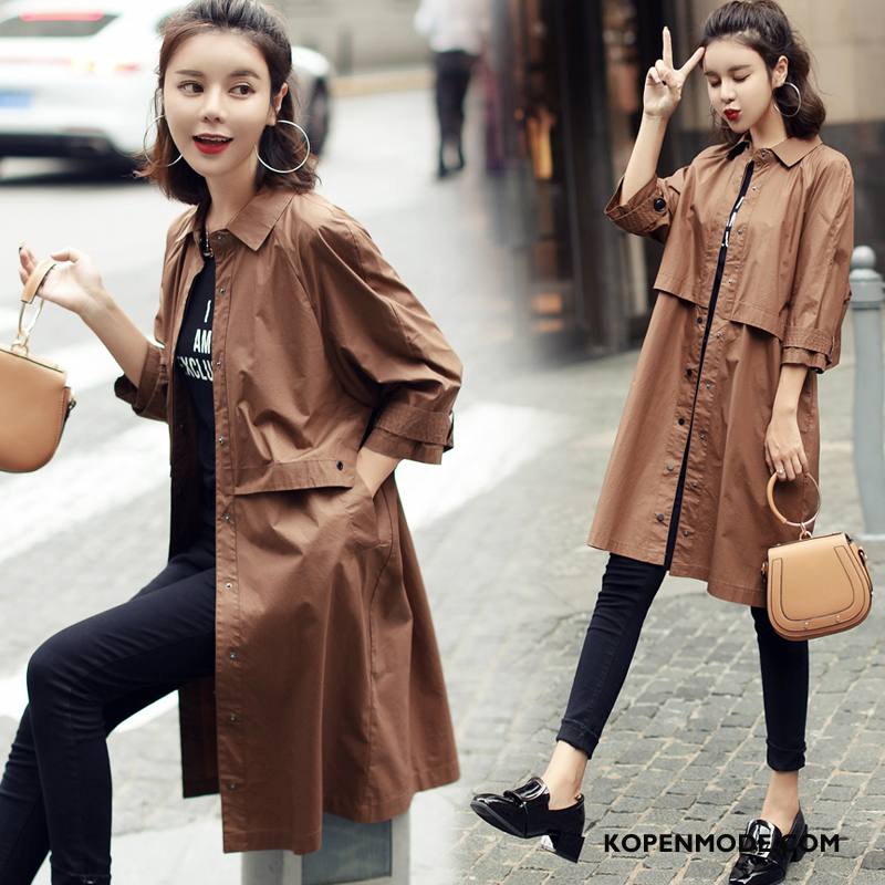 Trenchcoat Dames Elegante Lang 2018 Lange Mouwen Slim Fit Voorjaar Effen Kleur Zwart