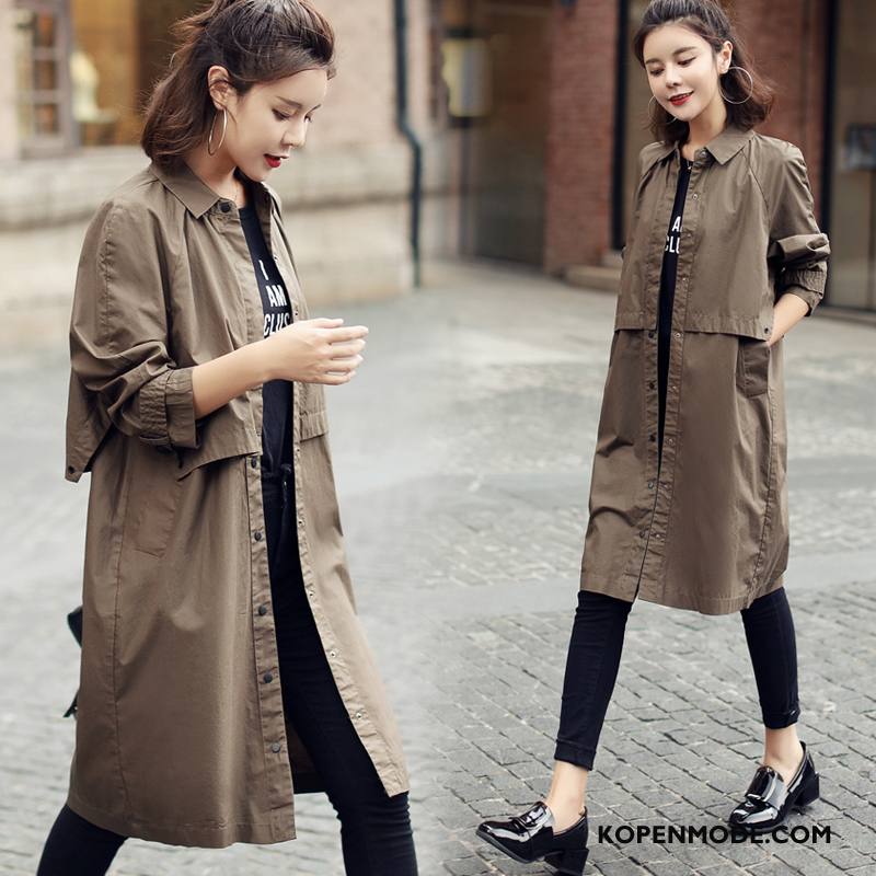 Trenchcoat Dames Elegante Lang 2018 Lange Mouwen Slim Fit Voorjaar Effen Kleur Zwart