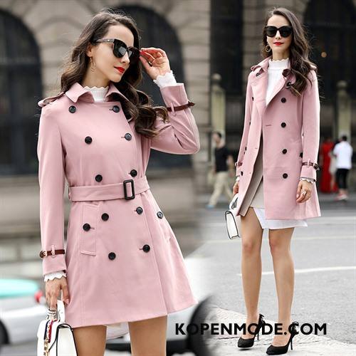 Trenchcoat Dames Elegante Pak Lange Mouwen Voorjaar 2018 Comfortabele Roze Rood Effen Kleur