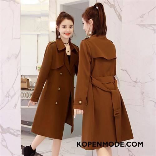 Trenchcoat Dames Elegante Voorjaar 2018 Trend Slim Fit Eenvoudige Karamel Kleur Effen Kleur