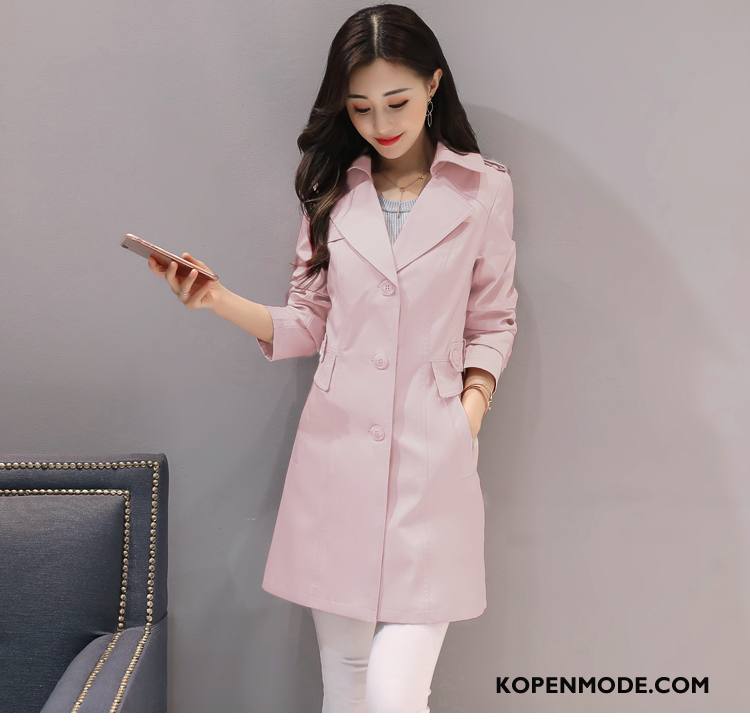 Trenchcoat Dames Herfst Slim Fit Lang 2018 Vierkante Hals Met Één Rij Knoppen Roze Rood Effen Kleur