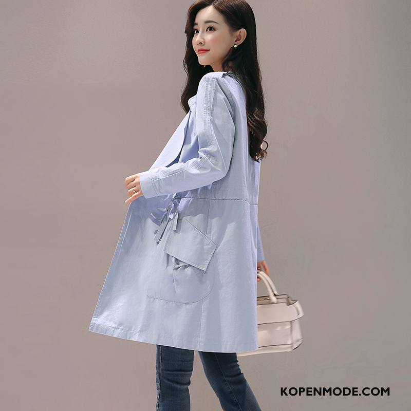 Trenchcoat Dames Hoge Kraag Lange Mouwen Persoonlijk Kant Eenvoudige Herfst Effen Kleur Blauw