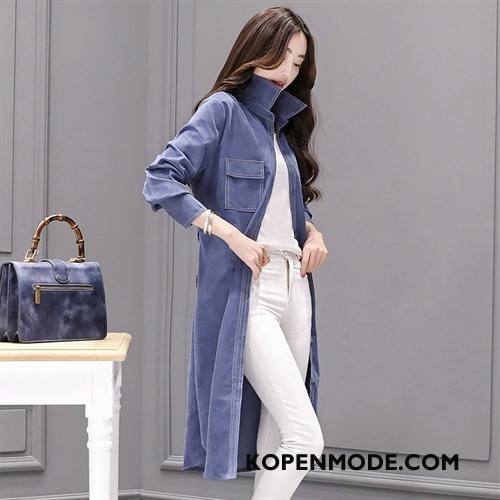 Trenchcoat Dames Lang Lange Mouwen Mooi Vers Denim 2018 Effen Kleur